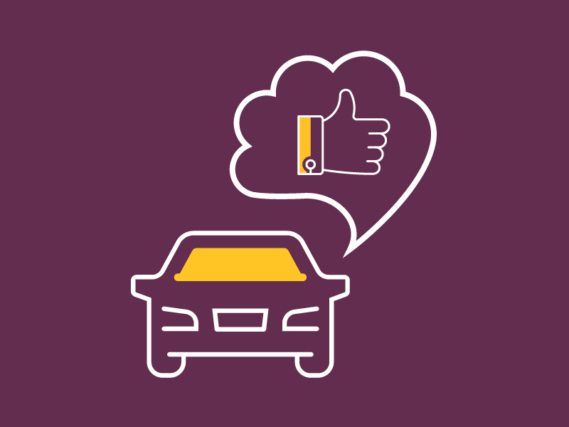 Repaired car with thumbs up thought bubble graphic